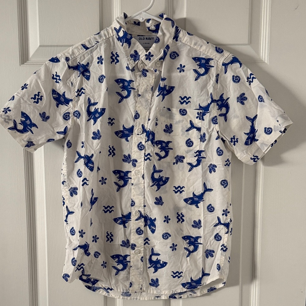 Old Navy Boy’s Casual Shirt with Blue Shark Pattern - Large 10/12